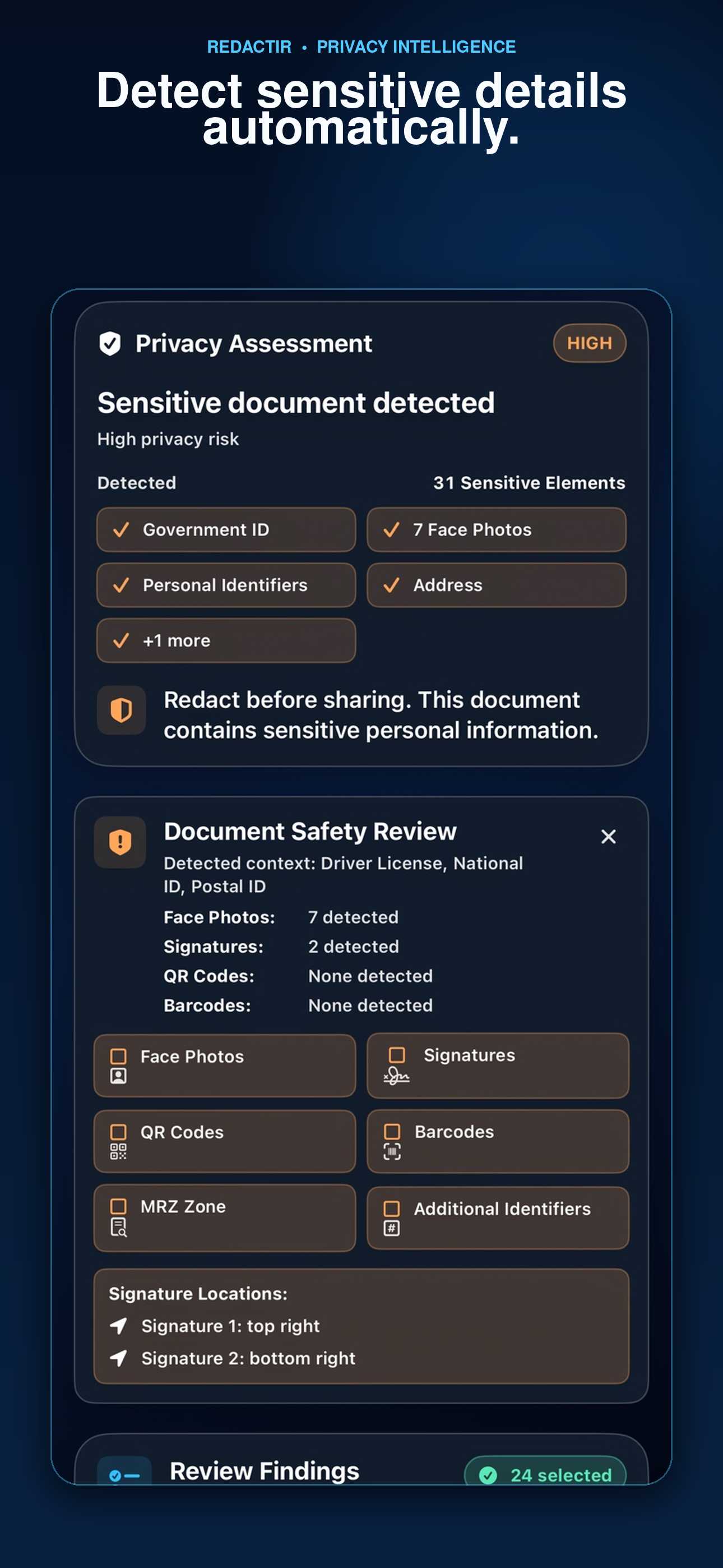 RedactIR automatically detecting potential sensitive details in selected material.