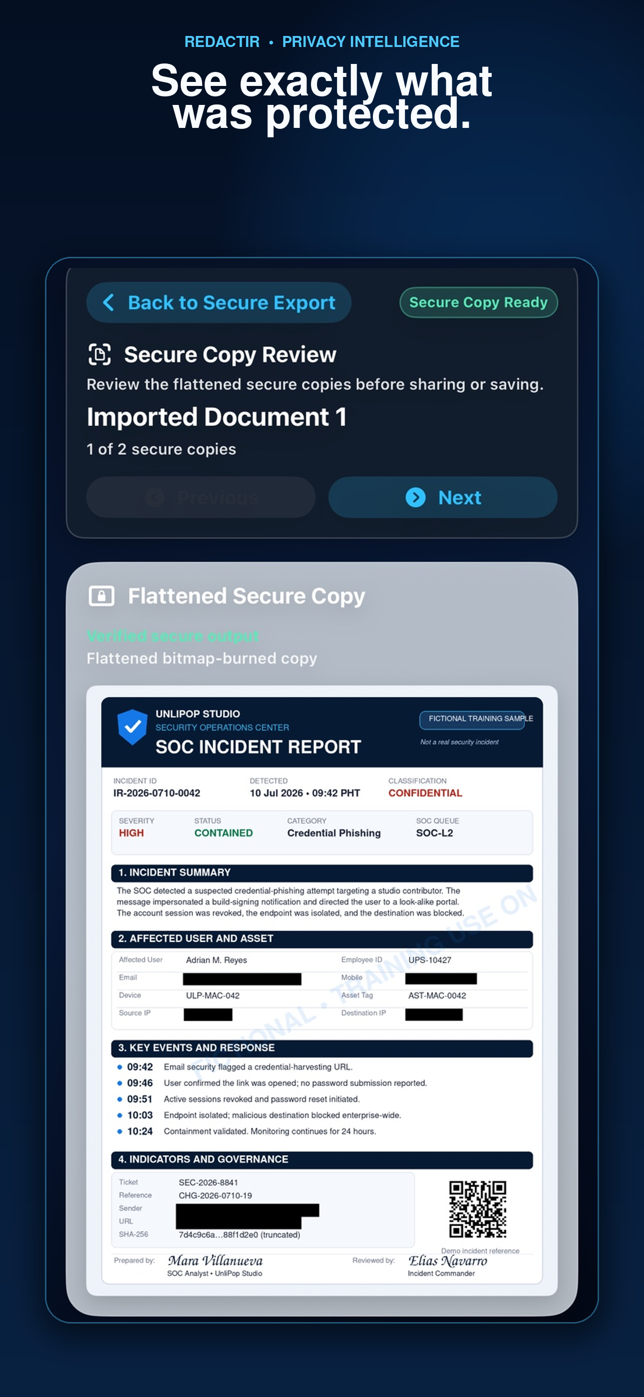 RedactIR summary showing which sensitive details were protected.