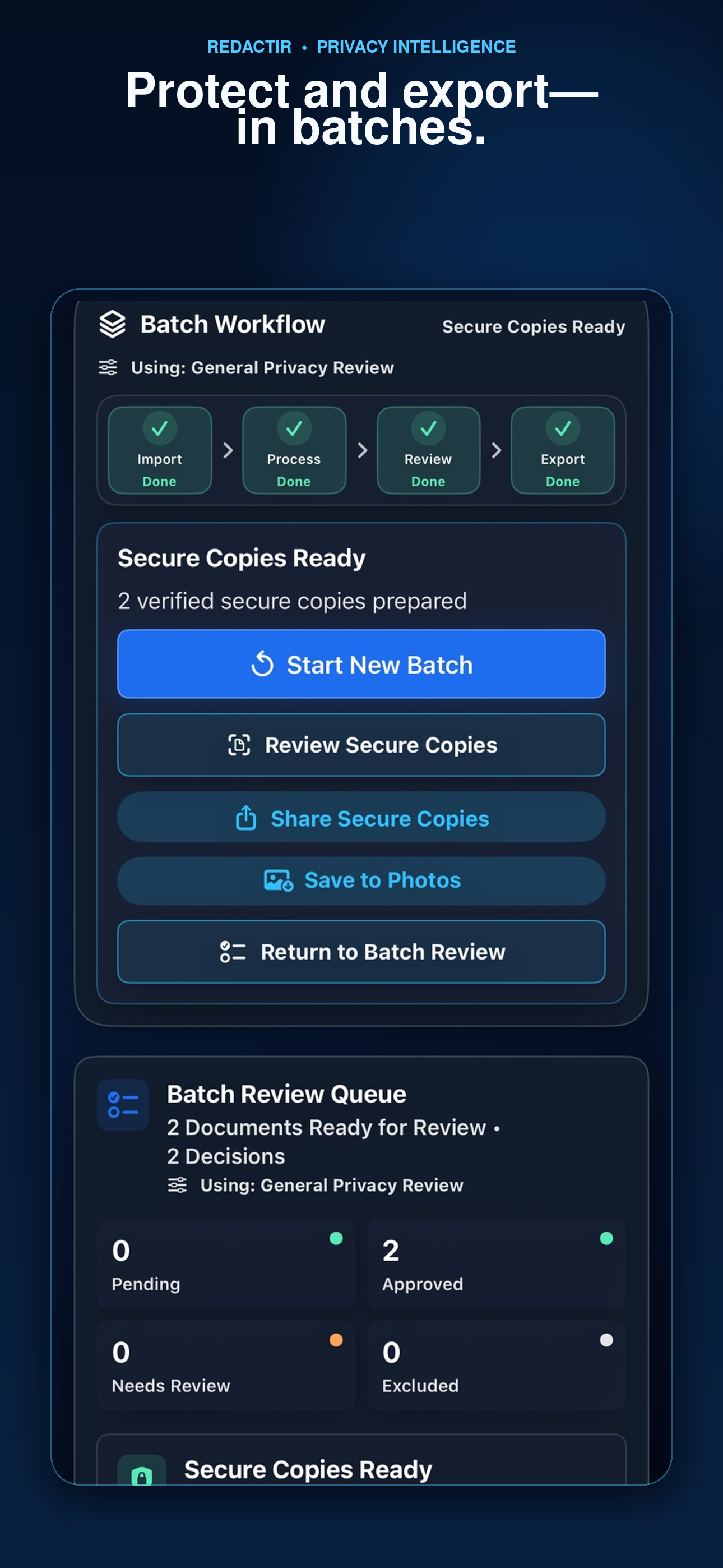 RedactIR Pro batch workflow for protecting and exporting multiple items.